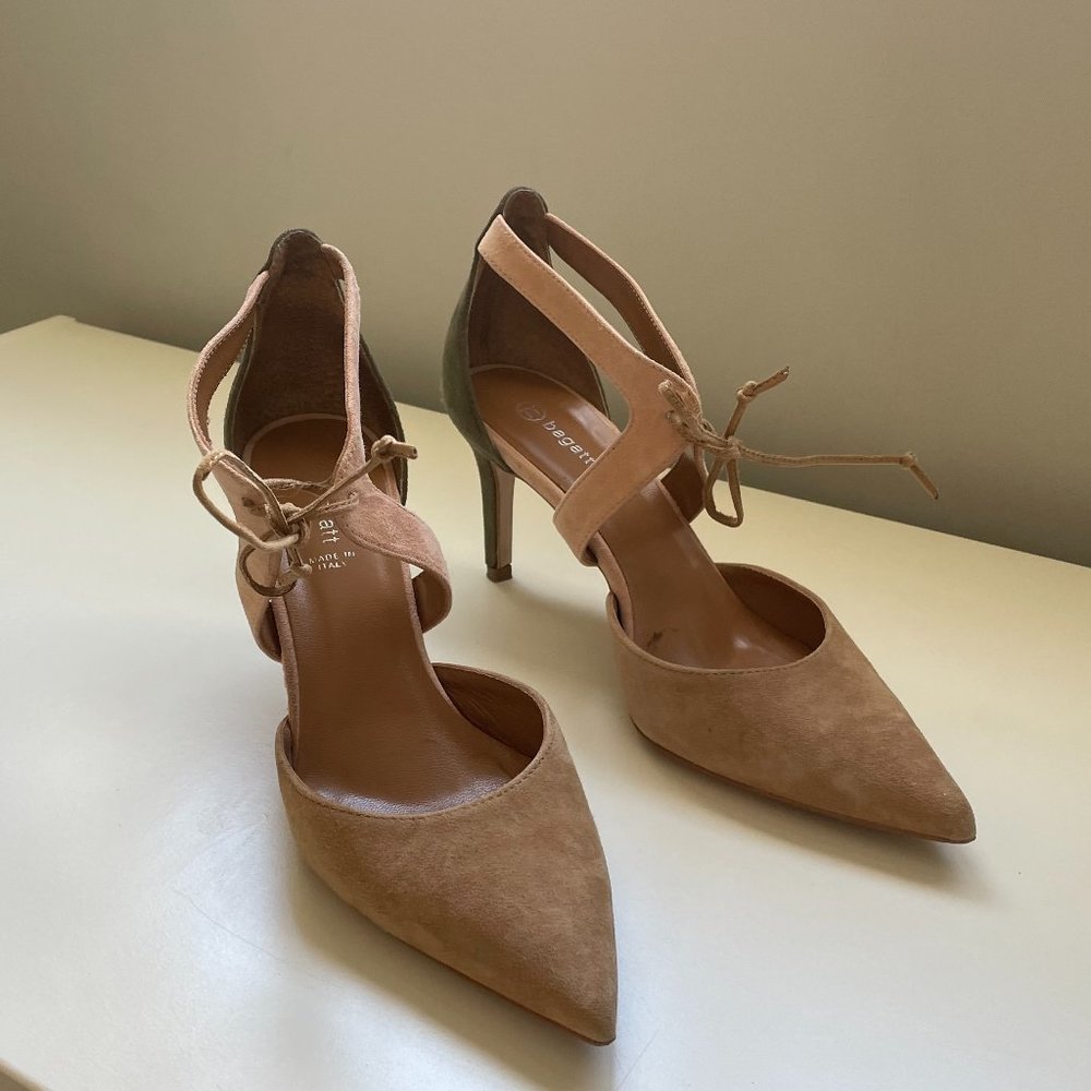 BAGATT rose pink and green nubuck ankle tie pumps. Size US 9, EU 39